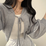 hulianfu Thin White Cardigan Bandage Lantern Sleeve Short Coat Pull Femme Knitwear Top Girl Cardigan Korean Style Casual T Shirt
