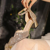 Luxury Gold Silver Sequins High Heels Pumps Women  Pointed Toe Ankle Straps Wedding Shoes Woman Thick Heeled Party Shoes