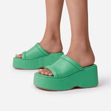 hulianfu Women's Sandals Square Toe Leather Platform Ladies Shoes Summer Fashion Thick Bottom Female Slipper Woman Flip-flops