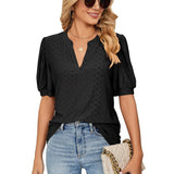 New Solid Blouses For Women Fashion Hollow Out V Neck Short Sleeve Elegant Office Work Ladies Shirt Tops Casual Blouse