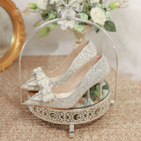 Luxury Pearl Bowtie Wedding Shoes Women  Autumn Shiny Crystal High Heels Pumps Woman Slip On Pointed Toe Bling Party Shoes
