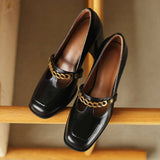 Small High-heeled Single Shoes Thick Heel Retro Thong Shoes Spring and Autumn New Chain Shallow Mouth Square Toe Shoes