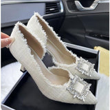 hulianfu White Design Rhinestones Women Pumps Spring Fashion Pointed Toe Female Shallow High Heel Elegant Women's Work Dress Shoes