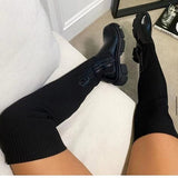Women Over The Knee Sock Boots Ladies Concise Solid High Heels Female's Thick Bottom Pumps Female Slip-on Plus Size 43 Zip Shoes