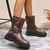 Metal Decor Platform Ankle Boots Women  Autumn Black Thick Bottom Short Botas Woman Plus Size 43 Pu Leather Motorcycle Shoes