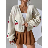 hulianfu Spring  Autumn Jacquard Sweater 2023 New Outerwear Loose Casual Knitted Cardigan Cherry Pattern Cute Short Knitted Jacket