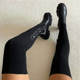 Women Over The Knee Sock Boots Ladies Concise Solid High Heels Female's Thick Bottom Pumps Female Slip-on Plus Size 43 Zip Shoes