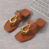 hulianfu Womens Sandals Metal Design Fashion Flip Flop Sandal Flat Heel Roman Vintage Summer Hot Sale Shoes Fashion Casual Sandals Brand