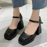 hulianfu Ankle Strap Platform Pumps Women Pu Leather Square Toe Mary Jane Shoes Woman Goth Thick High Heels Shoes Ladies