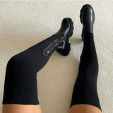 hulianfu Women Thick Sole Boots  Autumn Winter Breathable Knitting Sock Ladies Thigh High Boots Stretch Round Toe Shoes Plus Size 43