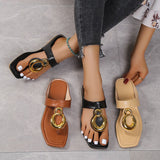 hulianfu Womens Sandals Metal Design Fashion Flip Flop Sandal Flat Heel Roman Vintage Summer Hot Sale Shoes Fashion Casual Sandals Brand