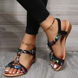 hulianfu Women Wedges Bohemian Sandals Summer  Flower Non Slip Beach Sandalias Mujer Elastic Band Low Heels Roman Shoes Woman
