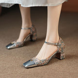 Footwear with Medium Heels Summer  Silver Sandals for Woman Party Weddings Women's Shoes Closed Square H Chic and Elegant F