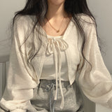 hulianfu Thin White Cardigan Bandage Lantern Sleeve Short Coat Pull Femme Knitwear Top Girl Cardigan Korean Style Casual T Shirt