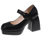 hulianfu Ankle Strap Platform Pumps Women Pu Leather Square Toe Mary Jane Shoes Woman Goth Thick High Heels Shoes Ladies