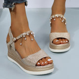 hulianfu Gold Silver Wedges Sandals Women  Summer Pearl Tassels Ankle Strap Platform Sandles Woman Plus Size 43 Peep Toe Beach Shoes