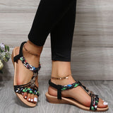hulianfu Women Wedges Bohemian Sandals Summer  Flower Non Slip Beach Sandalias Mujer Elastic Band Low Heels Roman Shoes Woman