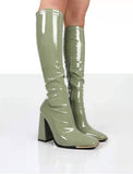 Luxury Sexy Women Knee-high Modern Boots Fashion Square Toe Shiny Leather High Heel Shoes Size 36-43 Female Boots Botas De Mujer