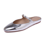 hulianfu Women Mules Slippers Concise Style Simple Flat Shoes Round Toe Silver Mary Janes Spring Autumn Women Flats One Strap Metal Color