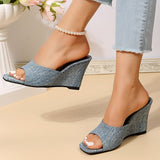 hulianfu Blue Denim Wedges Slippers Women Summer  Platform High Heels Sandals Woman Plus Size 43 Anti Slip Square Toe Beach Shoes