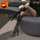Women's Boots Long Footwear Winter Knee High Shaft Shoes for Woman Very Heel Square Toe Black  Novelty Work Fashion New Rock