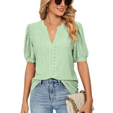 New Solid Blouses For Women Fashion Hollow Out V Neck Short Sleeve Elegant Office Work Ladies Shirt Tops Casual Blouse
