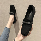 hulianfu Autumn Winter Women Loafers Low Heels Boat Shoes Square Toe Dress Shoes Chain Faux Suede Plush Warm Ladies Shoes Plus Size