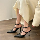 hulianfu Solid Pointed Toe Slingbacks Patent Leather High Heels Buckle Strap Stiletto Pumps Metal Decor Women Shoes Sexy Shallow Zapatos