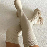 Women Over The Knee Sock Boots Ladies Concise Solid High Heels Female's Thick Bottom Pumps Female Slip-on Plus Size 43 Zip Shoes