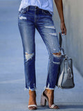 hulianfu Spring/Summer Washed Old Tassel Jeans Women's Mid-waist Solid Color Slim Fit Slim High Elastic Pencil Pants Women  Jeans