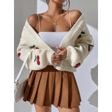hulianfu Spring  Autumn Jacquard Sweater 2023 New Outerwear Loose Casual Knitted Cardigan Cherry Pattern Cute Short Knitted Jacket
