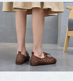 hulianfu New Comfortable Leather Handmade Shoes Flat-heeled Soft-soled Shoes  Female Wind Tunnel Hollow Sandals Women Casual Flats Shoes