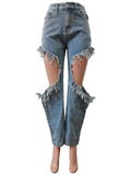 Light Blue Ripped Baggy Jeans Women Sexy Tassels Patchwork Mid Waist Denim Trousers Summer  Female Bottoms Streetwear