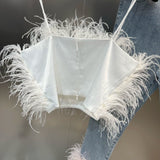 Autumn Sleeveless Feathers Camisole Crop Top Blue Denim Pants Long Jeans Two Piece Set Women GF920
