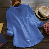 New Button Women's Blouses Pockets Cotton Linen Casual Women's Shirts Summer Top Long Sleeve Shirt Blouse Solid Color Tops
