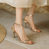 hulianfu Summer Sandals Narrow Band  Thin High Heels Buckle Strap Gold Silver Ladies Elegant Shoes Women Sandals One Strap Sandals