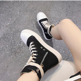 hulianfu High-TOP Women Casual Canvas Shoes Luxury Trainers Ankle Lace Up Women Sneakers Zip Hip Hop Streetwear Flats Black Boots