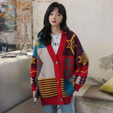hulianfu Female Winter Autumn Christmas Print V-neck Korean Preppy Style Long Sleeve Buttons Knitted Cardigan Coat Street Casual Top