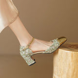Footwear with Medium Heels Summer  Silver Sandals for Woman Party Weddings Women's Shoes Closed Square H Chic and Elegant F