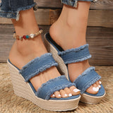 Fashion Denim Blue Wedges Sandals Women Summer  Chunky Platform Heeled Sandals Woman Plus Size 42 Thick Soled Beach Shoes
