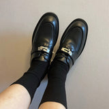 Spinrg Autumn Black Leather Women Loafers Lace Up Flat Shoes Women Silver Buckle Round Toe Women Flats Casual Shoes Woman