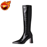 Women's Boots Long Footwear Winter Knee High Shaft Shoes for Woman Very Heel Square Toe Black  Novelty Work Fashion New Rock