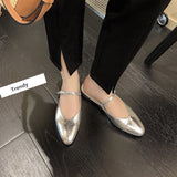 hulianfu Women Mules Slippers Concise Style Simple Flat Shoes Round Toe Silver Mary Janes Spring Autumn Women Flats One Strap Metal Color