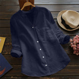 New Button Women's Blouses Pockets Cotton Linen Casual Women's Shirts Summer Top Long Sleeve Shirt Blouse Solid Color Tops
