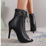 hulianfu Women Sandals Fashion Sexy Thin High Heels Open Toe Zipper Dancing Shoes Summer Ballroom Dance Short Boots Woman's Plus Size 43