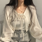 hulianfu Thin White Cardigan Bandage Lantern Sleeve Short Coat Pull Femme Knitwear Top Girl Cardigan Korean Style Casual T Shirt