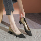 Single Shoes Women's  New Versatile Knitted Shoes Thick Heels and Pointed Toes Slip on Mesh Light Shoes 40 Zapatos De Mujer