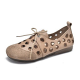 hulianfu New Comfortable Leather Handmade Shoes Flat-heeled Soft-soled Shoes  Female Wind Tunnel Hollow Sandals Women Casual Flats Shoes