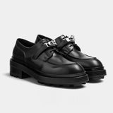 Spinrg Autumn Black Leather Women Loafers Lace Up Flat Shoes Women Silver Buckle Round Toe Women Flats Casual Shoes Woman