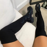 Women Over The Knee Sock Boots Ladies Concise Solid High Heels Female's Thick Bottom Pumps Female Slip-on Plus Size 43 Zip Shoes